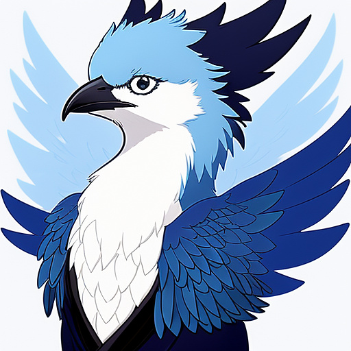 Blue avian anthropomorphic bird furry, white chest binding in anime style