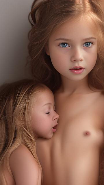 A 9-year-old naked girl is sucking another girl's breast. in custom style