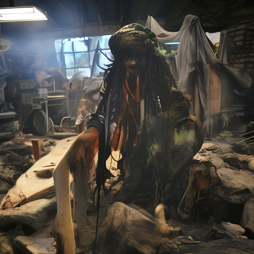 A black rastafarian is sitting on a worktable, smiling happily and smoking. the room is smoky. in custom style