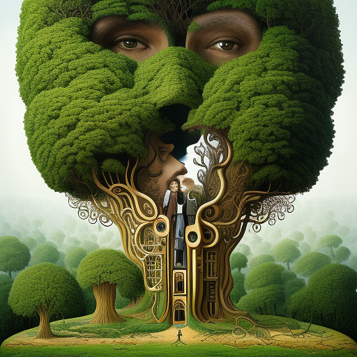 A surrealism painting of a tree made out of faces, many faces peering out from the oak in surrealism style