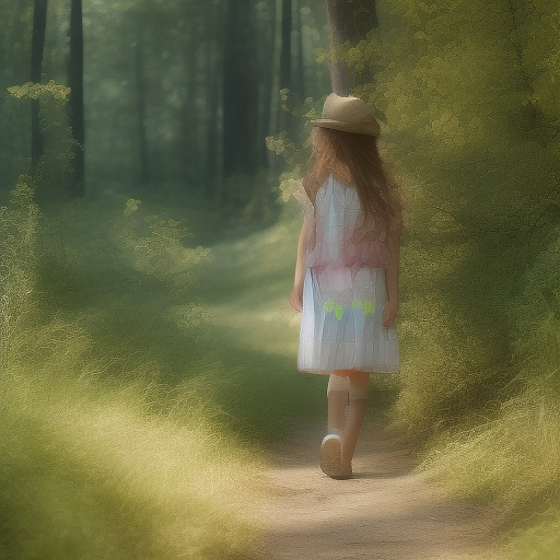 A 9-year-old girl is walking along a forest path. it's evening. she has a basket in her hand. view from behind. in custom style