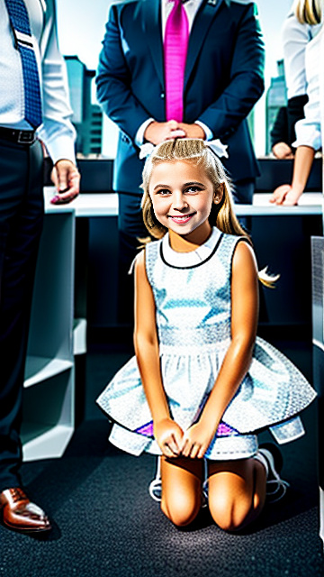 White, blonde, smiling, girl 7 years old on her knees facing 35yr-business-man, show both people fully in picture, in custom style