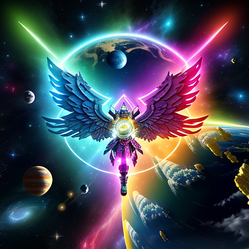 A cheerful transformer flies through space against the backdrop of planets. in angelcore style