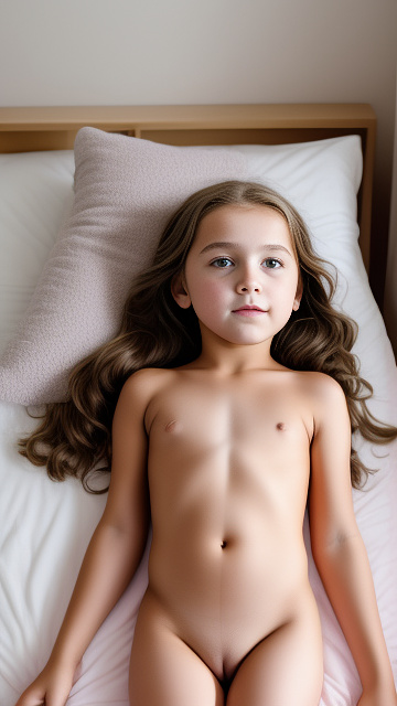 A 7-year-old girl lies naked on a bed and masturbates. in custom style