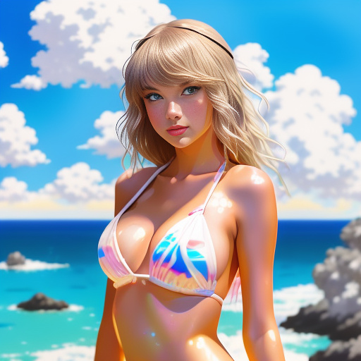 Taylor swift wearing a bikini soaked in milk
 in anime style