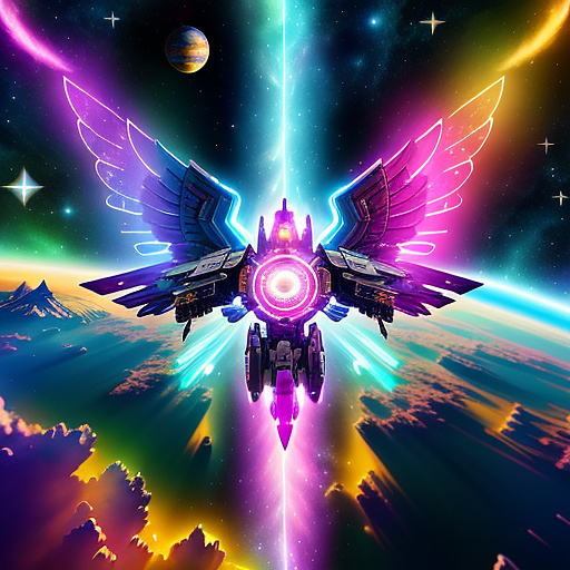 A cheerful transformer flies through space against the backdrop of planets. in angelcore style