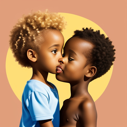 Gorgeous blonde mom smitten kiss african toddler boy in disney painted style