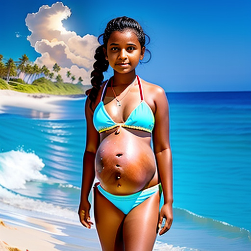 Pregnancy of 13-years-old girl pregnant of 40 weeks at the beach wearing bikini and a big sweaty belly with *white skin* in custom style