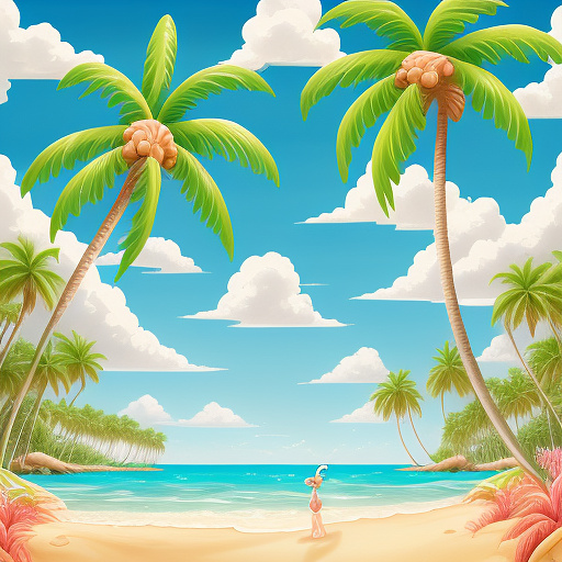 A beach background with palm trees and organic clouds. with the water close in disney painted style
