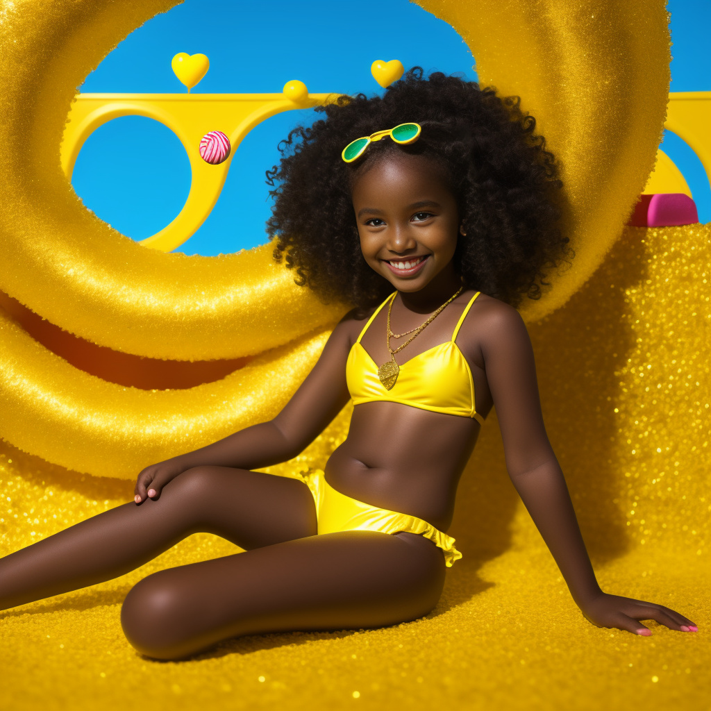 12 year old black girl wearing a gold yellow shiny bikini, curly black hair, full body in kids painted style