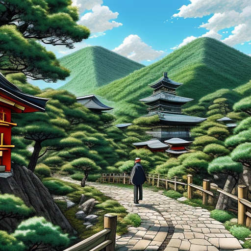 Man walking on the moutains close up shot in anime style