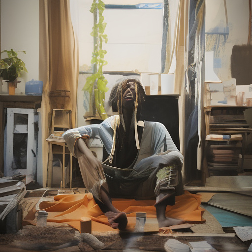A black rastafarian is sitting on a worktable, smiling happily and smoking. the room is smoky. in custom style