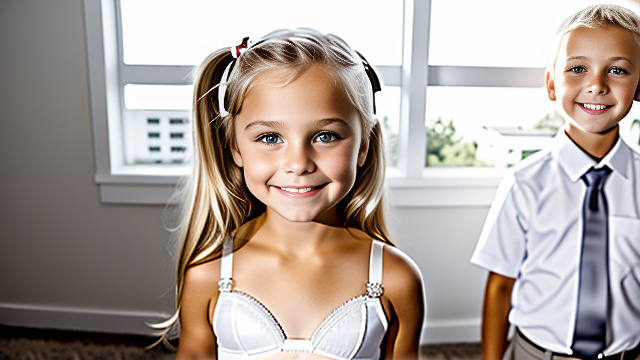 White cute smiling white 8 year blonde girl,  hands behind head, slutty underwear, bra, on knees, 8 year old body, adult business man standing behind her, both people shown in picture in custom style
