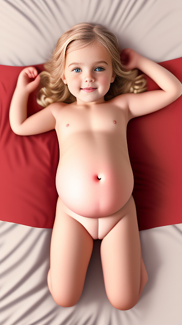 Realistic, detailed, 6-year-old blonde girl, in red peach dress, pregnant, laying in bed, top down full body view, red blush, right hand on belly   in custom style