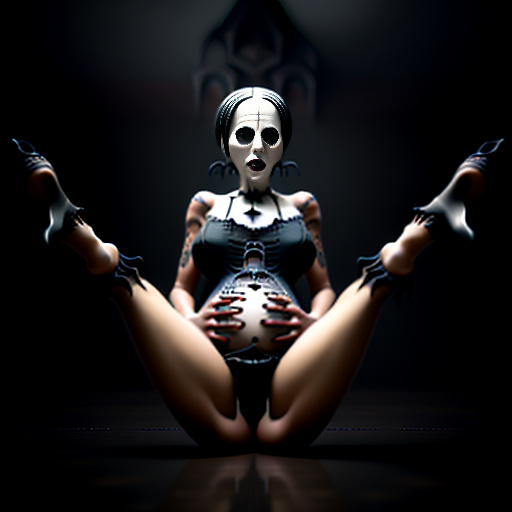 Girl giving birth. legs spread out. pregnant bump. screaming. short tomboy hairstyle.  in gothic style