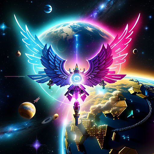 A cheerful transformer flies through space against the backdrop of planets. in angelcore style