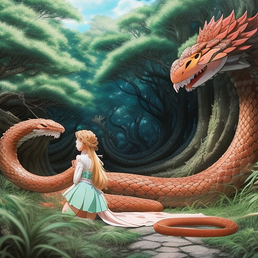 A princess gets eaten alive by a snake  in anime style