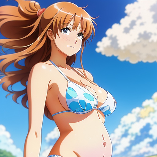 A heavily pregnant woman in a bikini in anime style