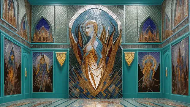 A fresque representing a queen, a king and a dark wizard in mosaic style