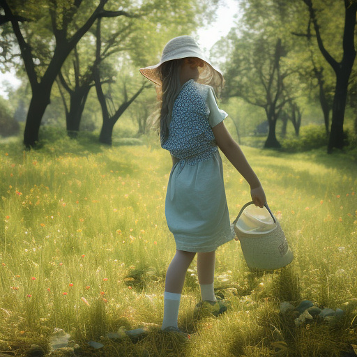 A girl is skipping across a sunny lawn. she has a basket in her hands and a hat on her head. in custom style
