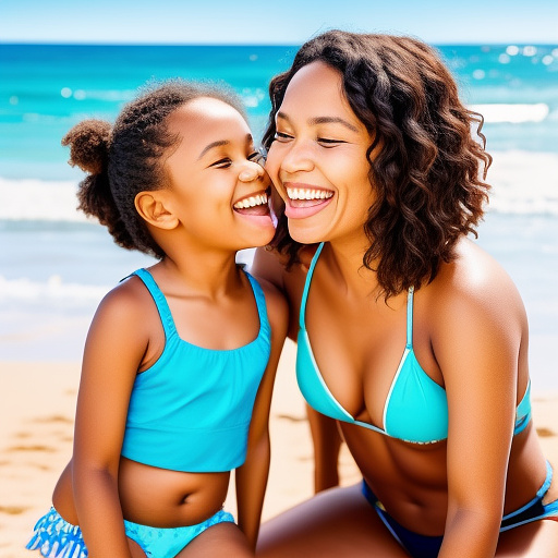 A wholesome and joyful beach scene featuring a mother and her daughter, who appears to be around 12 years old. both are wearing colorful, age-appropriate bikinis. the mother is smiling warmly as she offers an ice cream cone to her daughter. they both are playfully placing their tongues on the ice cream, sharing a light-hearted moment as they enjoy the treat together under the summer sun. the background shows a peaceful beach with soft waves, golden sand, and a clear blue sky. the scene is bright, family-friendly, and full of warmth. in custom style