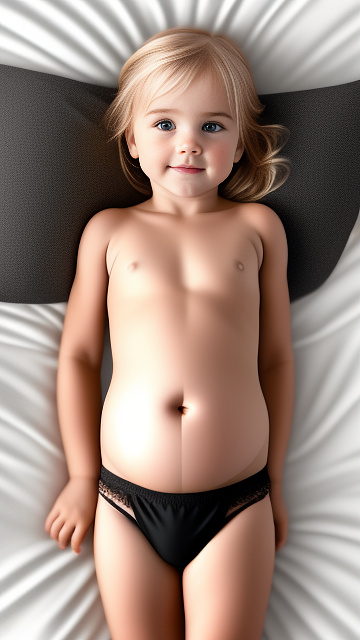 Realistic, detailed, 1-year-old blonde girl, in black underwear, pregnant, laying in bed, top down full body view, blushing, hands on belly   in custom style