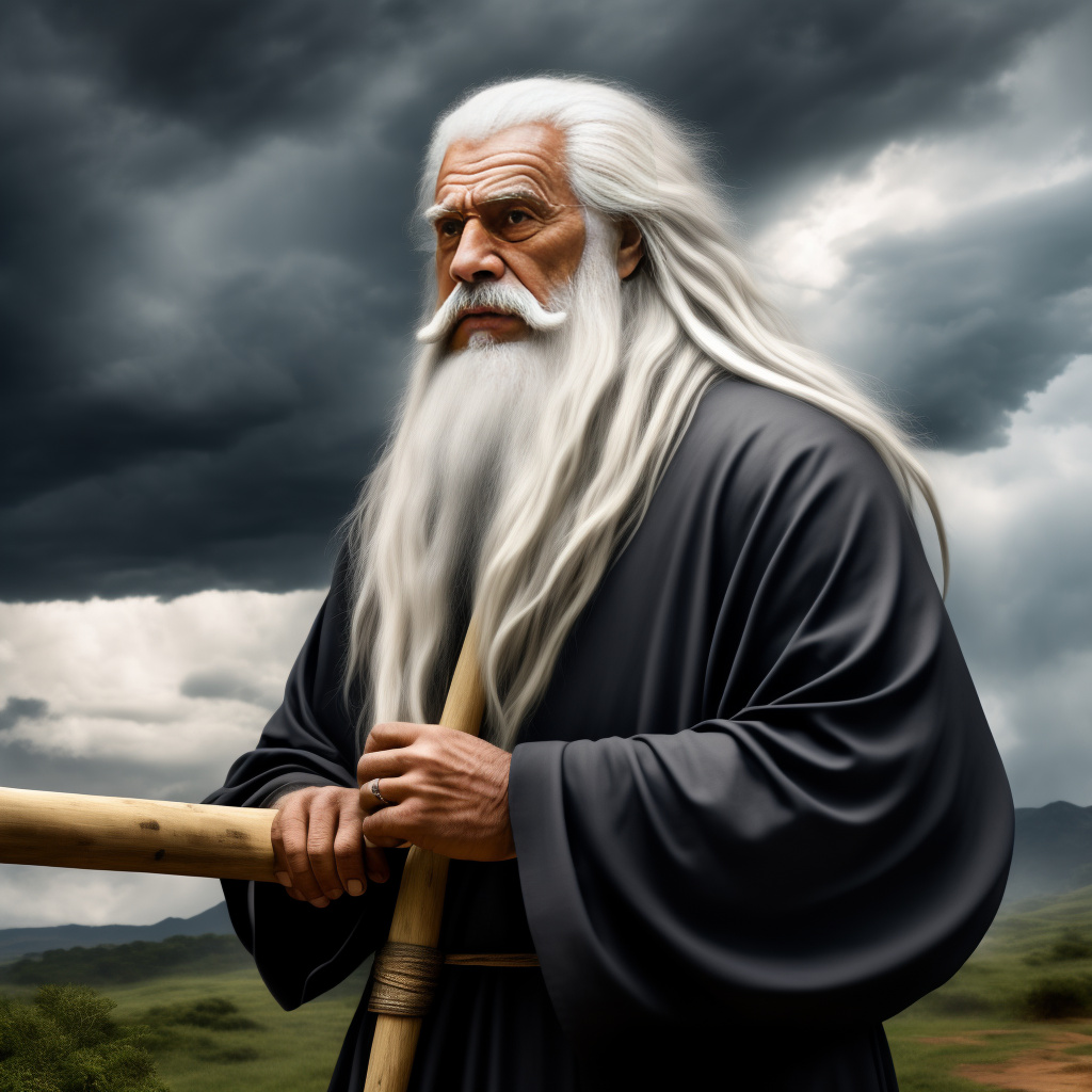 Old man with long white hair and beard wearing robes, looking like an ancient profit of doom, a wooden staff in one hand, a dramatic stormy sky in the background in realistic style
