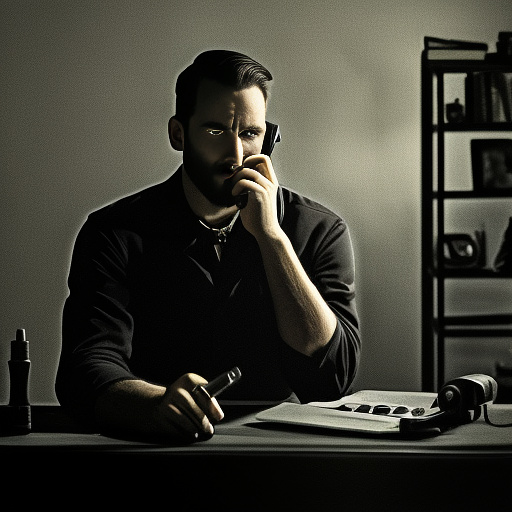 In a dark room, there is a telephone and a gun on the table. a man is sitting on a chair, and he is dead. in custom style