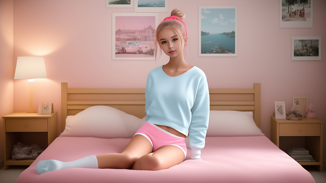 An american girl wearing athletic shorts and a oversized white cotton sweat shirt, tired, tired smile, black eye liner, pink rouge on her cheeks, pale blue eyes, pale blonde hair in a messy bun, night time, country house bedroom with wooden walls decorated with neon lights and girly posters, sitting on the edge of her bed, legs crossed, hands in her lap, soft legs, athletic tennis shoes, bunched up socks, full body shot, full body, all faded colors in anime style