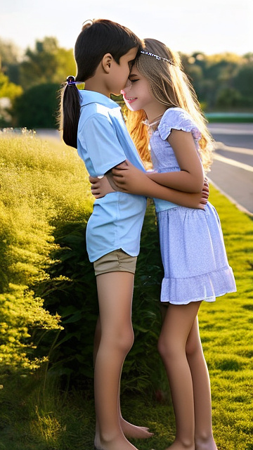 A romantic moment between childhood couple. the grade-6 boy is groping the hips of sexy grade-6 girl with sexy clothes. side view. in custom style