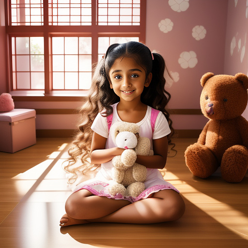 Seven year old brown girl with her teddy bear at the house with her parents

 in anime style