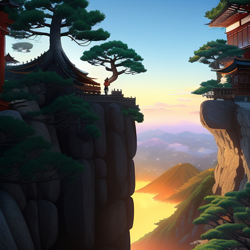 A man standing by the edge of a cliff with hands raised gloriously with a beautiful sunset background with at the top, a writing saying "still i rise" and at the buttom ,writing saying "kwaku kwahene' ,  in anime style