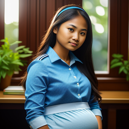 A pregnant filipina teen student in uniform bracing herself against a chair in realistic style