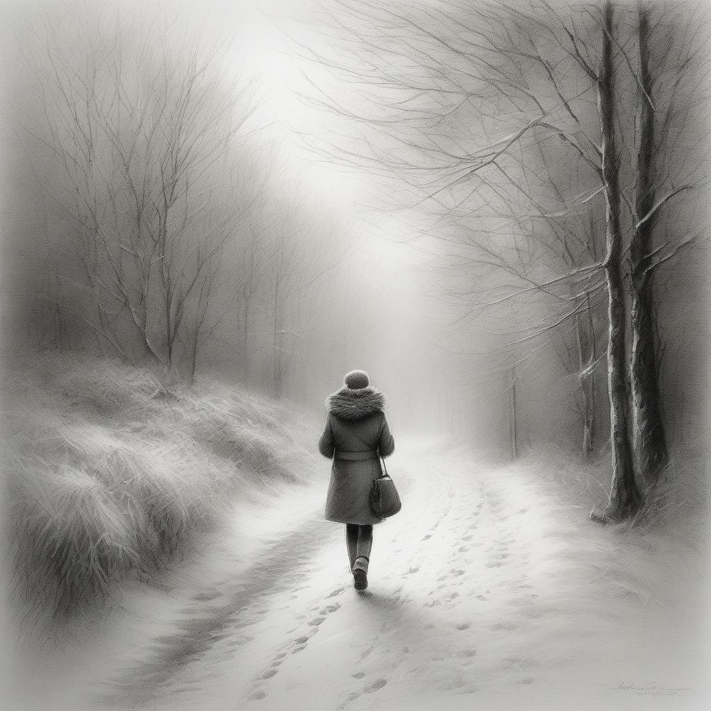Make me a winter photo with a girl walking. in pancil style