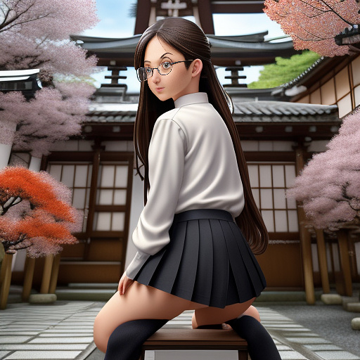 Ultra realistically a 22 year old german girl with a black braid with glasses and brown eyes 1.70 tall thin in schoolgirl uniform kneel on a chair her underwear is open in the crot you can see her vagina and her anus from very close in anime style
