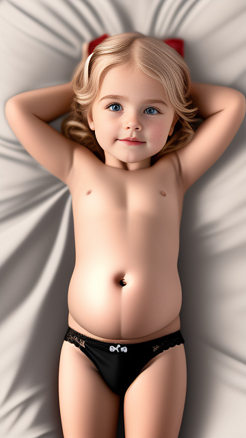 Realistic, detailed, 5-year-old blonde girl, in black underwear, pregnant, laying in bed, top down view, blushing in custom style