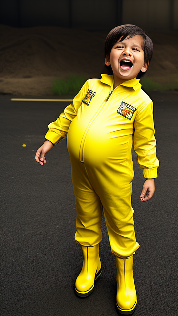Realistic, pregnant, 7-years-old-boy, yellow jumpsuit, yellow boots, screaming in pain  in custom style