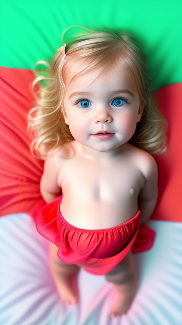 Realistic, detailed, 4-year-old blonde girl, in neon dress, pregnant, laying in bed, top down full body view, red blush, right hand on belly   in custom style