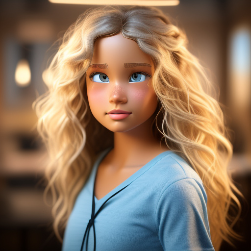 Tan girl with blonde wavy hair and light blue eyes
 in disney 3d style