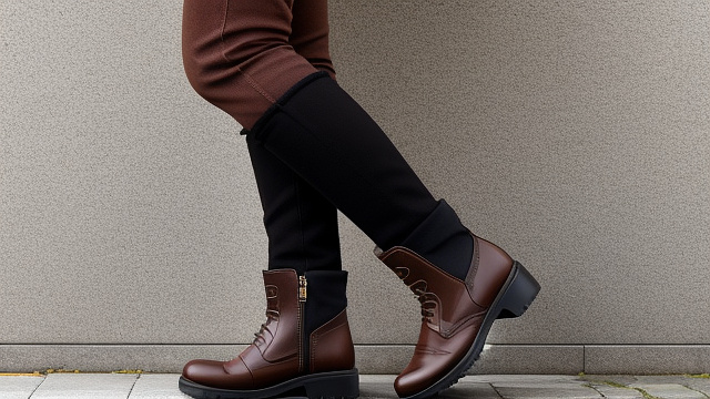 A woman in high brown boots. in anime style