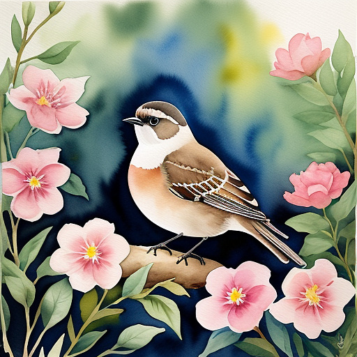 Watercolour painting of a fantail sitting in a garden girl in custom style