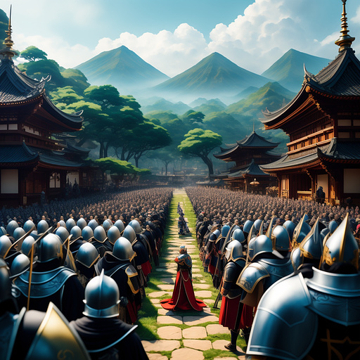 A knight looking upon a large group of warriors in anime style