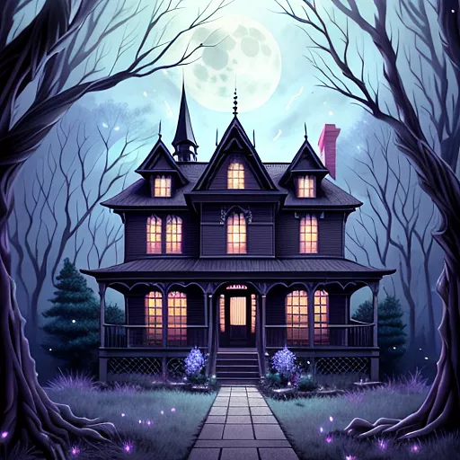 A creepy victorian haunted house on a hill surrounded by dead trees illuminated by moonlight through the scraggly branches
 in anime style