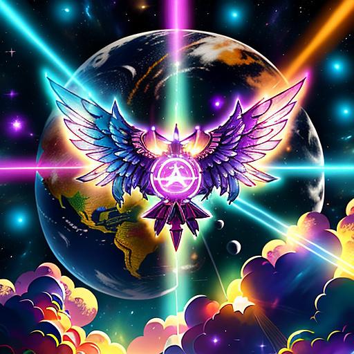 A cheerful transformer flies through space against the backdrop of planets. in angelcore style