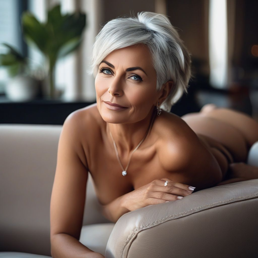 8k photo of a 52-year-old woman with short, styled silver hair and tanned skin, lying on her back on a leather sofa in a brightly lit, modern living room, with an unashamed and calm expression. she is completely nude, her body relaxed and open, with her legs slightly spread and bent at the knees. her piercing blue eyes, accentuated with subtle, professional makeup, stare directly at the viewer with a sense of acceptance and contentment. her lips are softly curved in a satisfied smile. the room features large windows, modern art on the walls, and a grand piano in the corner, creating an atmosphere of sophistication and power. the light is bright and natural, coming from the large windows, casting a soft glow on her face and highlighting her curves. she has a neatly groomed pubic hair, fully visible and natural-looking, reflecting her state of calm and acceptance in anime style