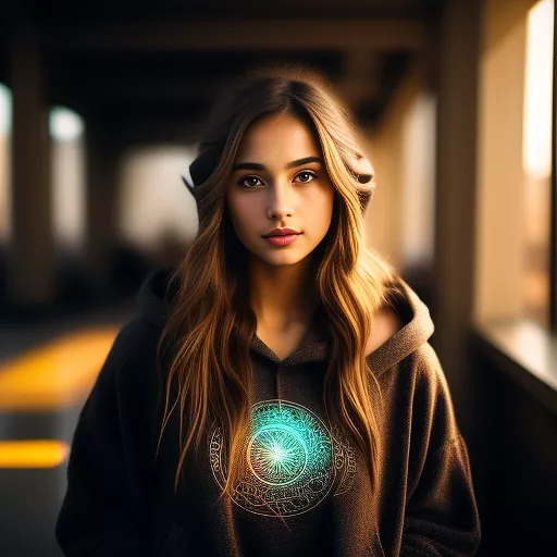 Woman with brown lower back length hair, brown eyes, she wears a baggy hoodie in angelcore style