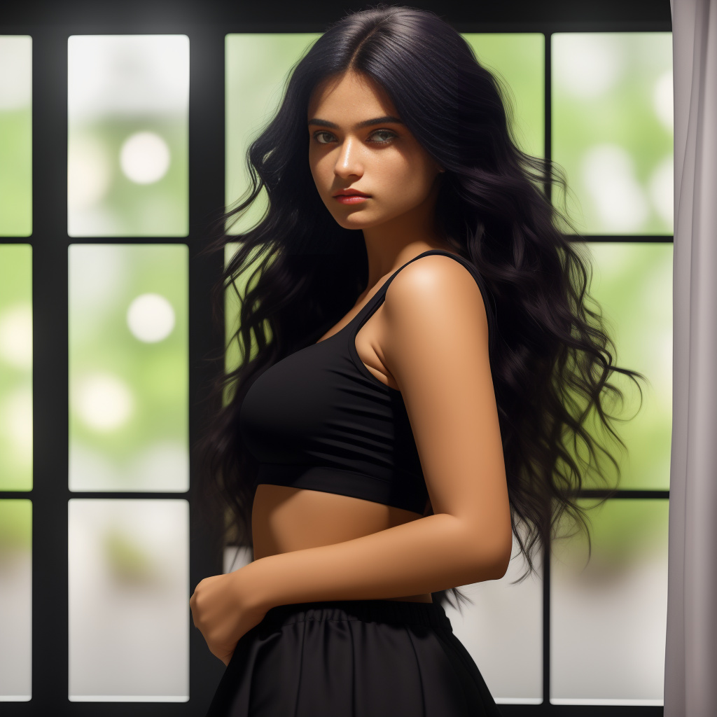 A 18 years old girl,wearing black small crop top,120cm large breasts and ass,purple eyes,black long hair,beautiful and delicate,cute,short skirt in realistic style