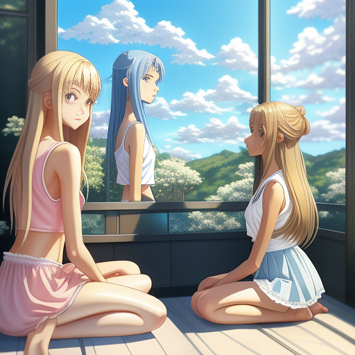 Young pretty skinny slim european girl identical quadruplets. 14 year old girls. young teenage girls. long blond hair. blue eyes. pale white skin. wearing pink tank top and short white skirt. sitting on a bed. photorealistic.  in anime style