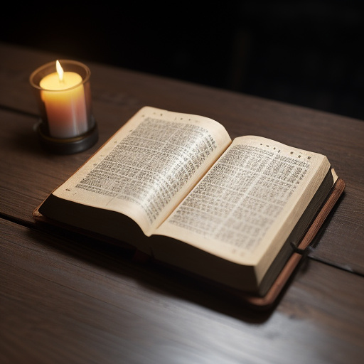 Open bible on a rustic wooden table, soft candlelight casting gentle shadows, focus on the text, warm and inviting atmosphere, minimalist background in anime style