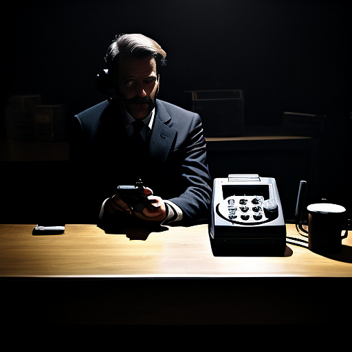 In a dark room, there is a telephone and a gun on the table. a man is sitting on a chair, and he is dead. in custom style